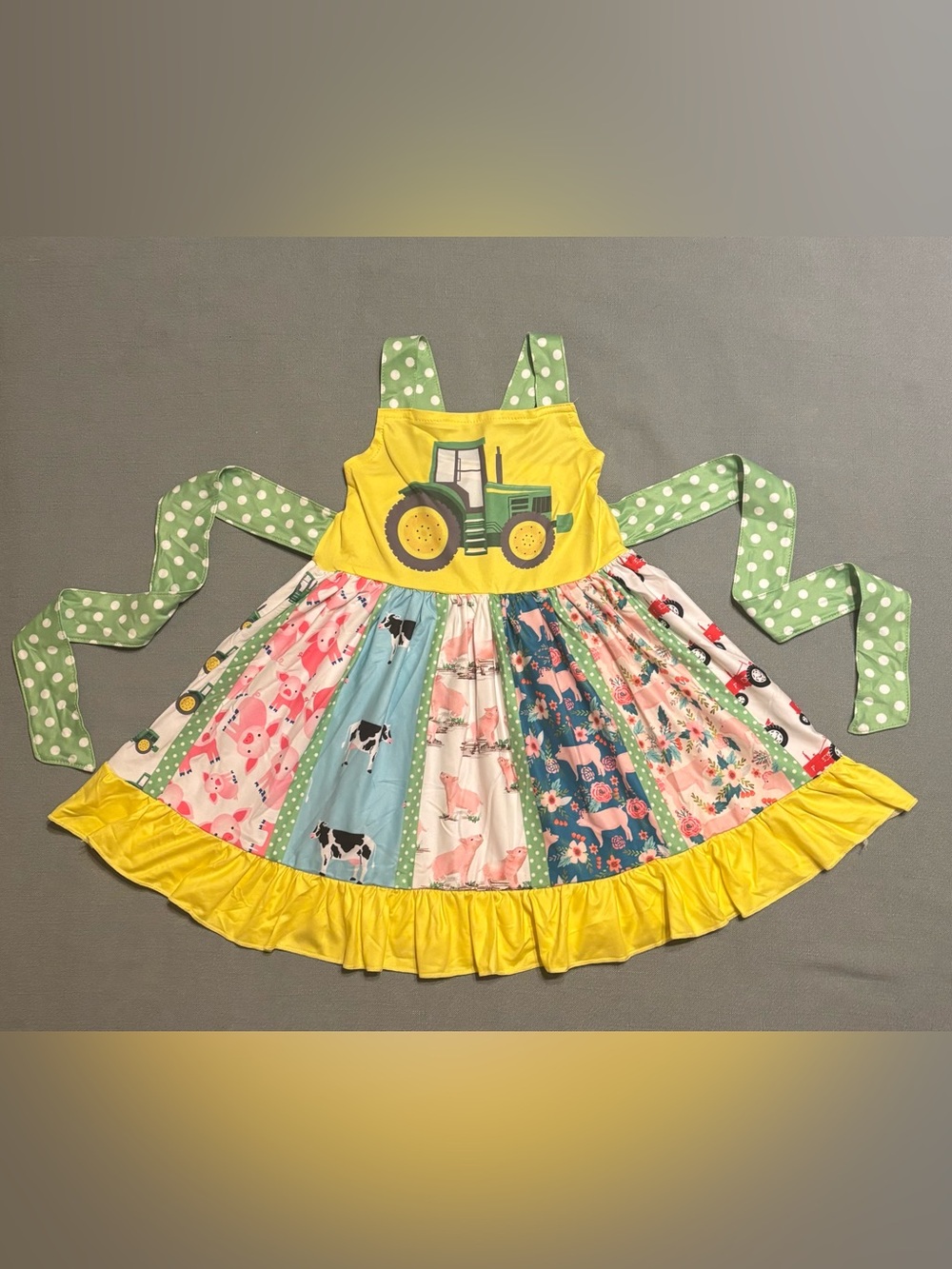 Yellow Farm/Tractor Patchwork Girls' Casual Dress with Green Polka Dot Sash
